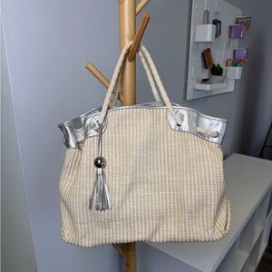 Vintage Furla Leather and Woven Medium Weekender Tote in Beige and Silver